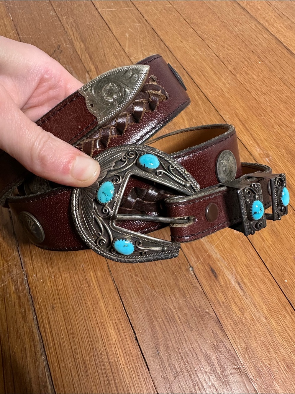 Vintage Native Sterling Turquoise Buckle And Genuine Leather Liberty Coin Belt
